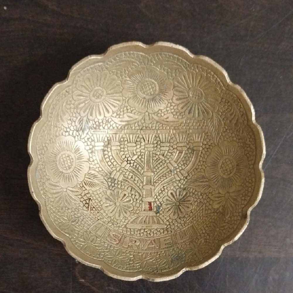 Rare-Vintage Solid Enamel Brass Decorative Bowl with Floral & Menorah Engraving